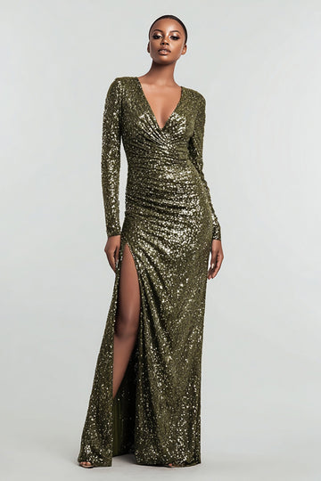 Sparkly Sheath Olive Long Sleeve Evening Dress With Slit
